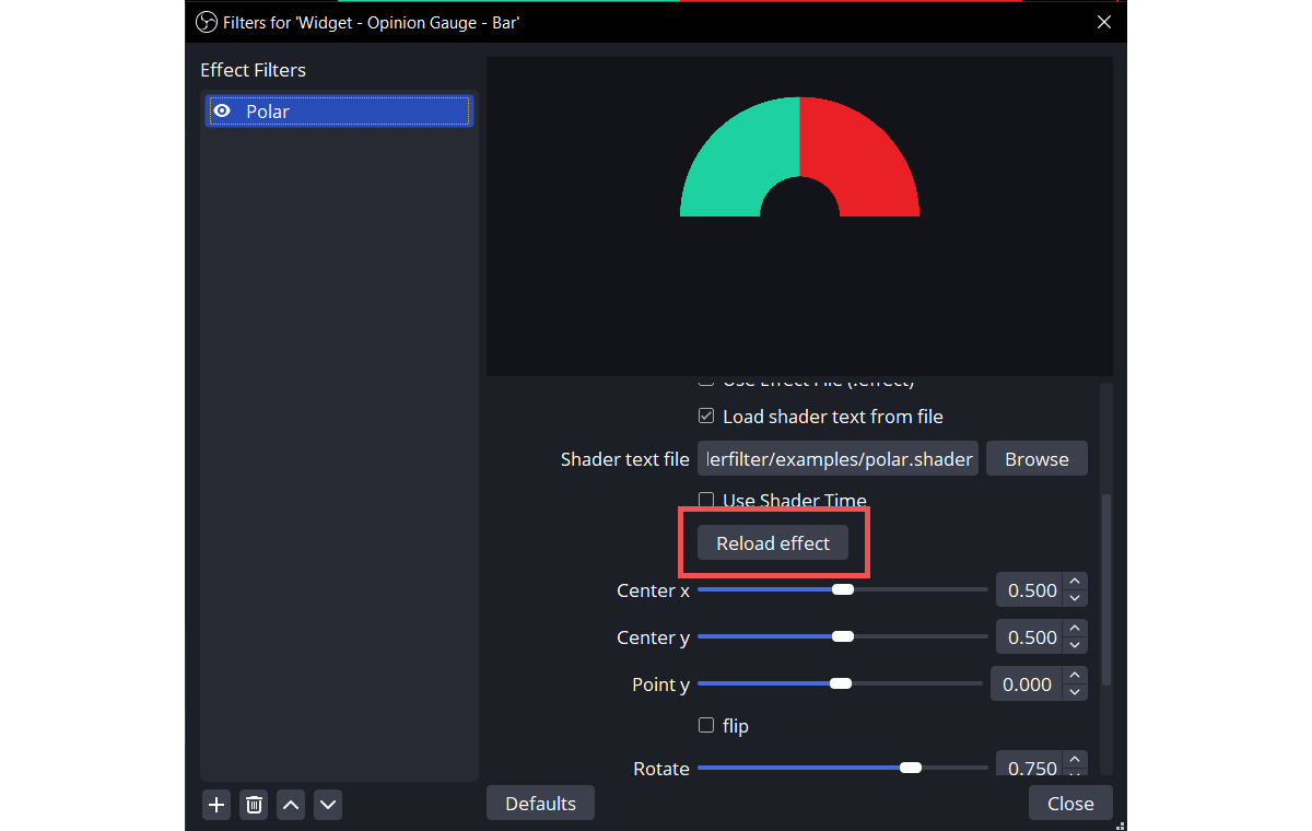 Options for the Polar filter in the Widget - Opinion Gauge - Bar scene. There is a red highlight box around the Reload effect button in the menu.